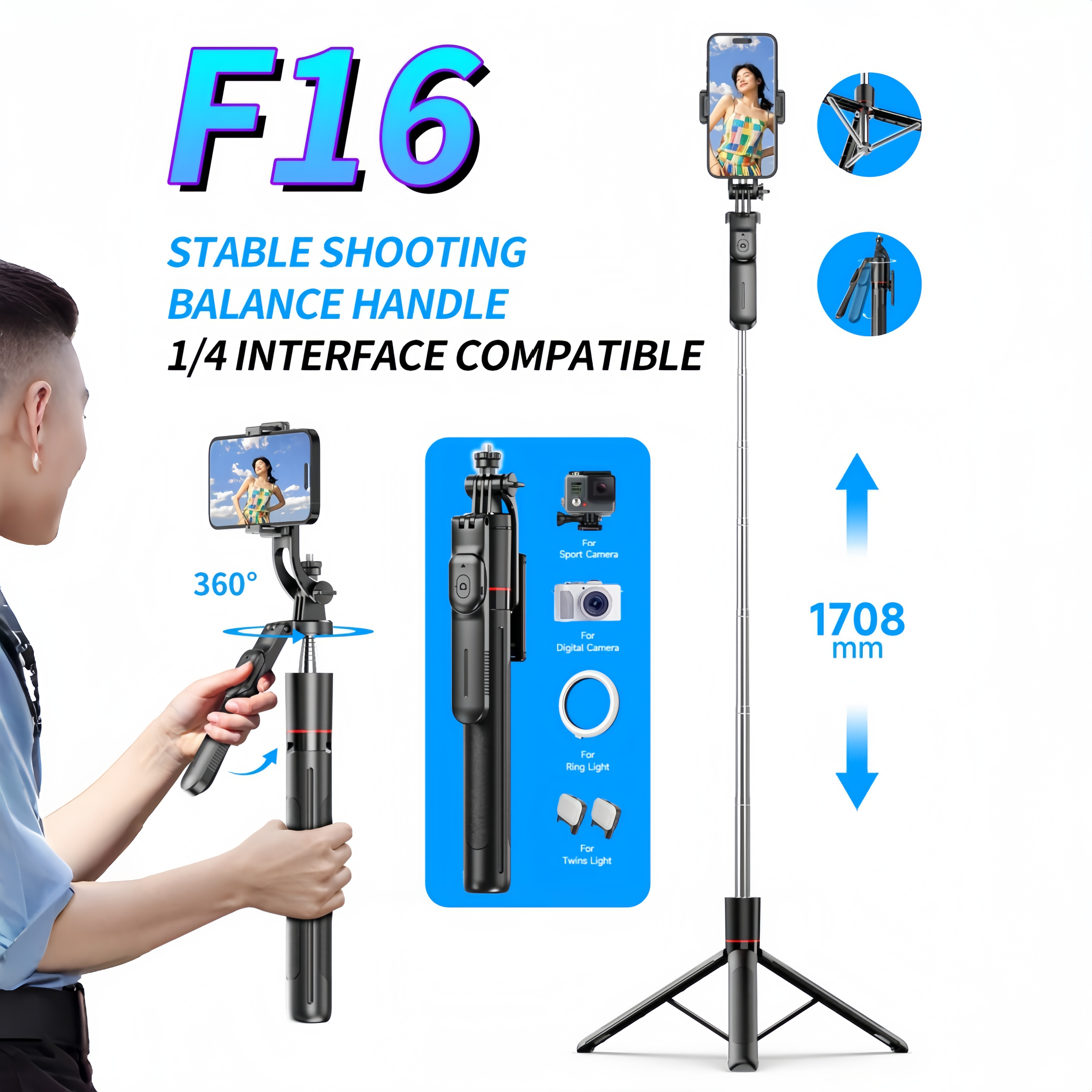 Auto Tracking Tripod - WIFIT F16 Selfie Stick with Adjustable